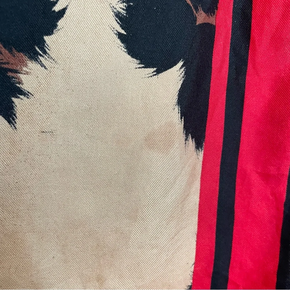 Large Perry Ellis Silk‎ Scarf Wrap Shawl Animal Print Tan Black Red Bordered